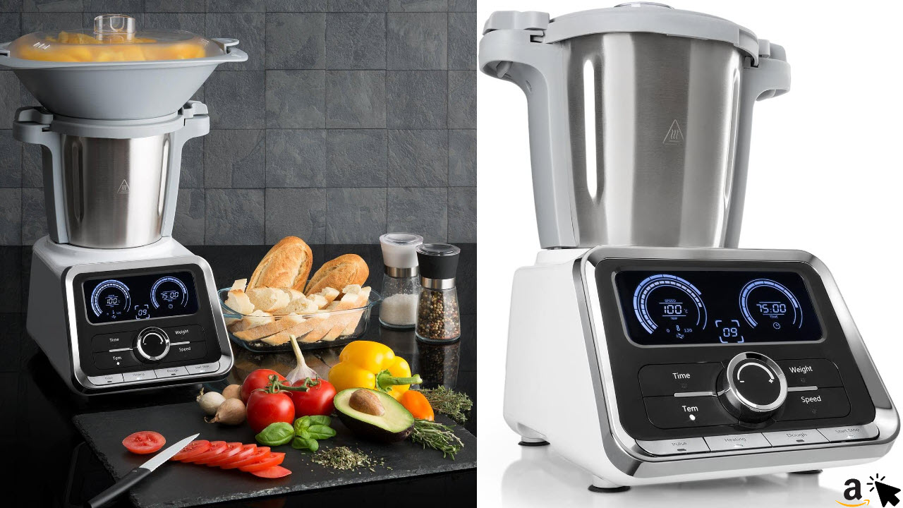 Klarstein GrandPrix - Multifunktions-Küchenmaschine, Rührmaschine, Küchenmaschine mit Kochfunktion, 500-1000 W, 2,5L Edelstahlschüssel, 30-120°C einstellbar, 12 Geschwindigkeiten