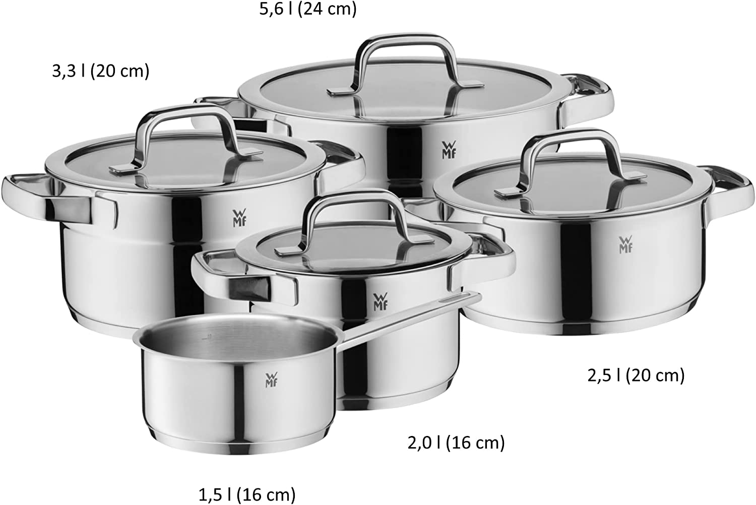 WMF Compact Cuisine Vorteils Topfset Induktion 5-teilig, Kochtopf Set mit Glasdeckel, Cromargan Edelstahl poliert, Töpfe Set unbeschichtet, Innenskalierung